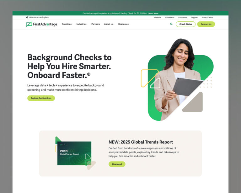 First Advantage homepage featuring updated green branding, background screening services, and a global trends report.