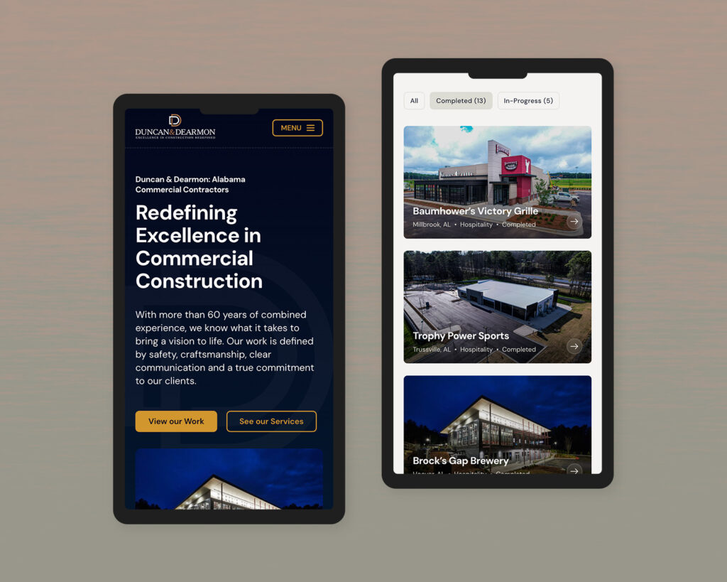 Duncan & Dearmon mobile homepage and project gallery with stacked photo cards and filters for completed and in-progress builds.
